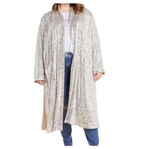 NWT BB Dakota Anthropologie Silver Sequin Duster Coat Pockets/Waist Cinch 3x